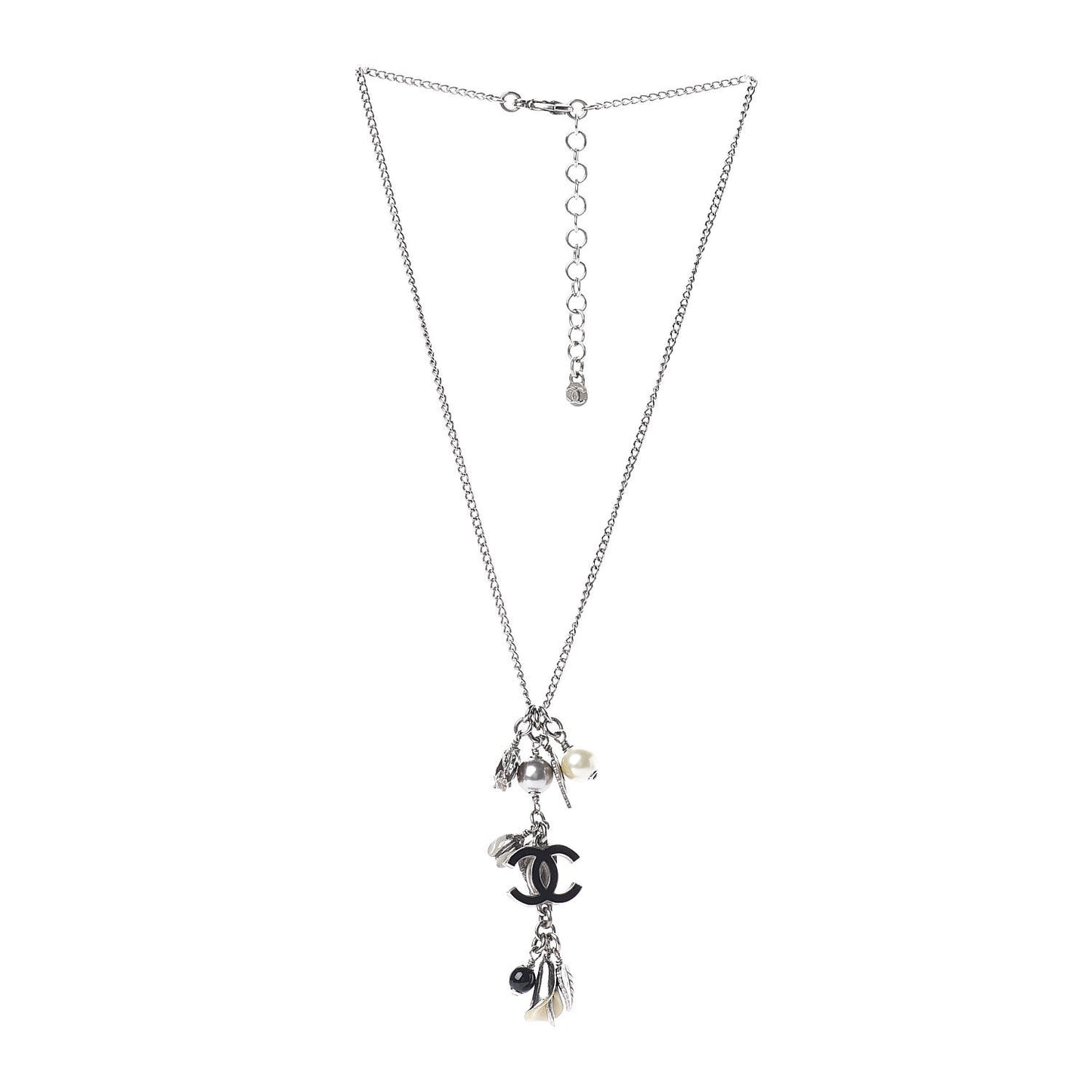 Enamel Bead Pearl Charms CC Drop Necklace Silver