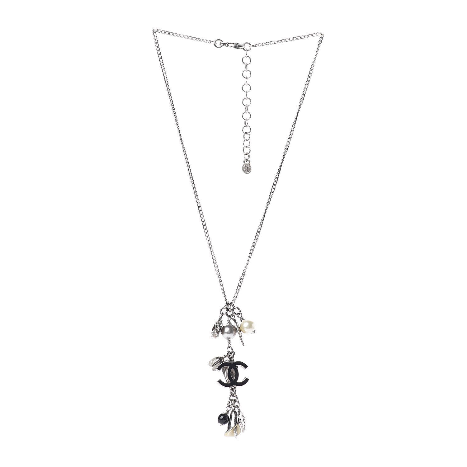 Chanel Enamel Bead Pearl Charms CC Drop Necklace Silver 3 of 5
