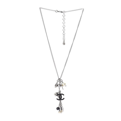 Chanel Enamel Bead Pearl Charms CC Drop Necklace Silver 3 of 5