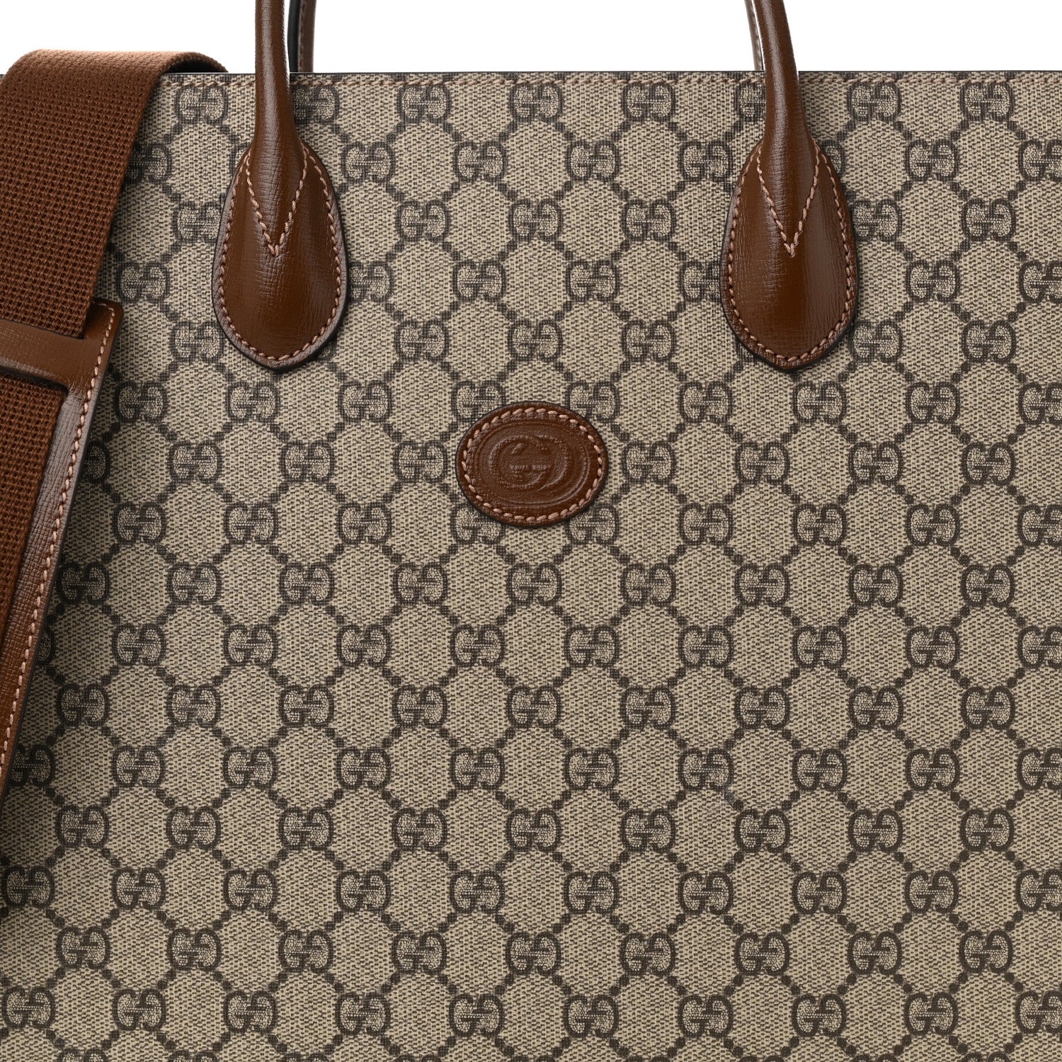 Gucci GG Supreme Monogram Textured Dollar Calfskin Web Medium Retro Interlocking G Vertical Tote Bag Beige Ebony Brown Sugar 8 of 10