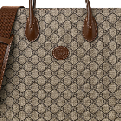 Gucci GG Supreme Monogram Textured Dollar Calfskin Web Medium Retro Interlocking G Vertical Tote Bag Beige Ebony Brown Sugar 8 of 10