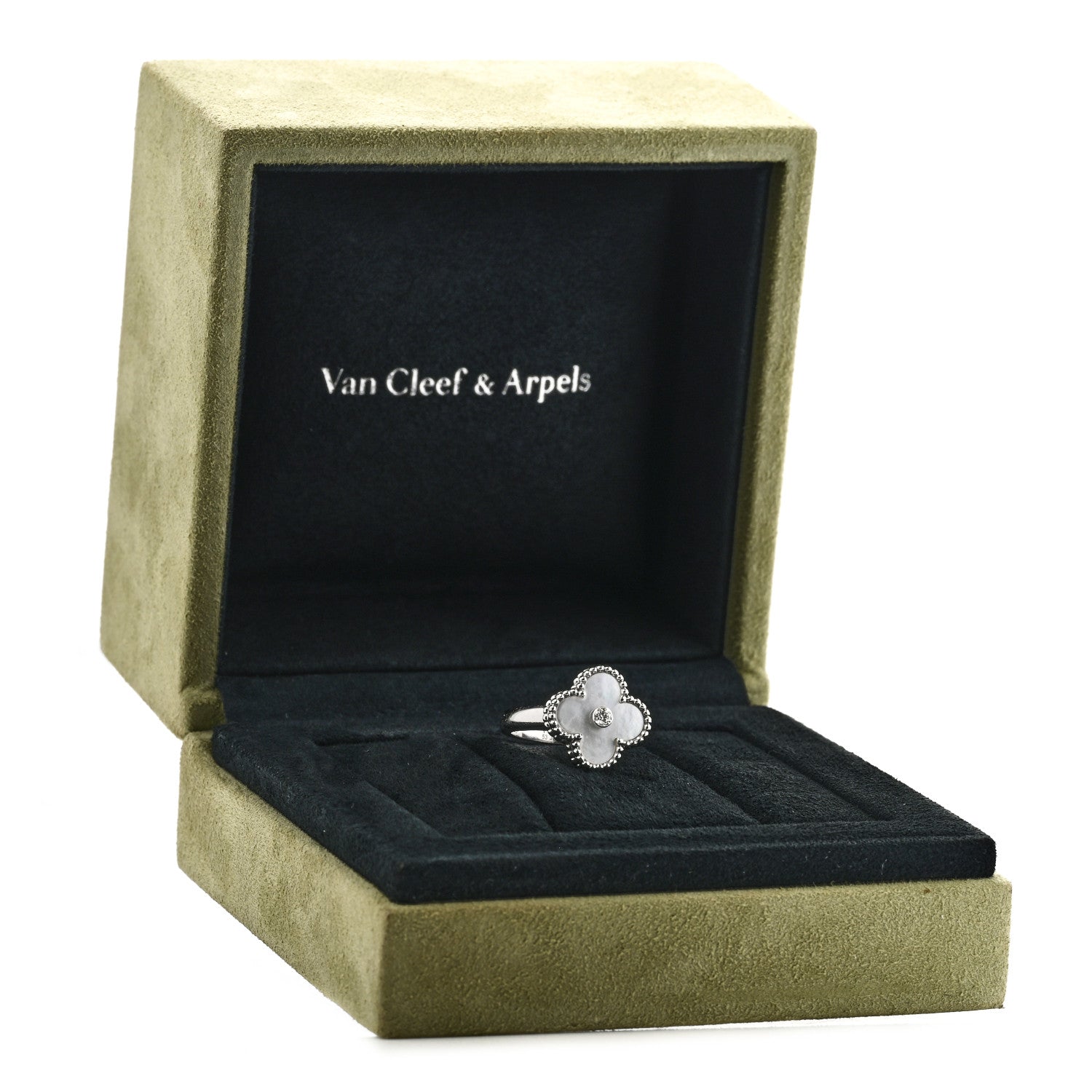 Van Cleef & Arpels 18K White Gold Diamond Mother of Pearl Vintage Alhambra Ring 53 6.5 5 of 5