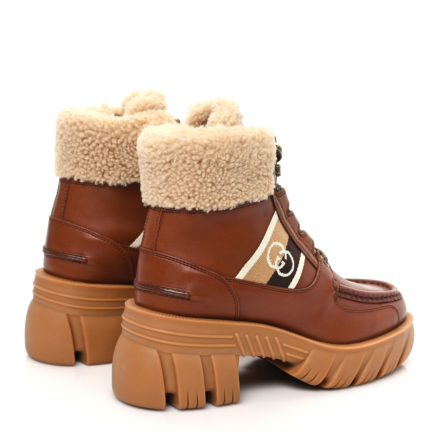 Gucci Quebec Wool Calfskin Web Womens Interlocking G Lace Up Combat Boots 37 Cuir Mystic White Ebony Beige 4 of 8