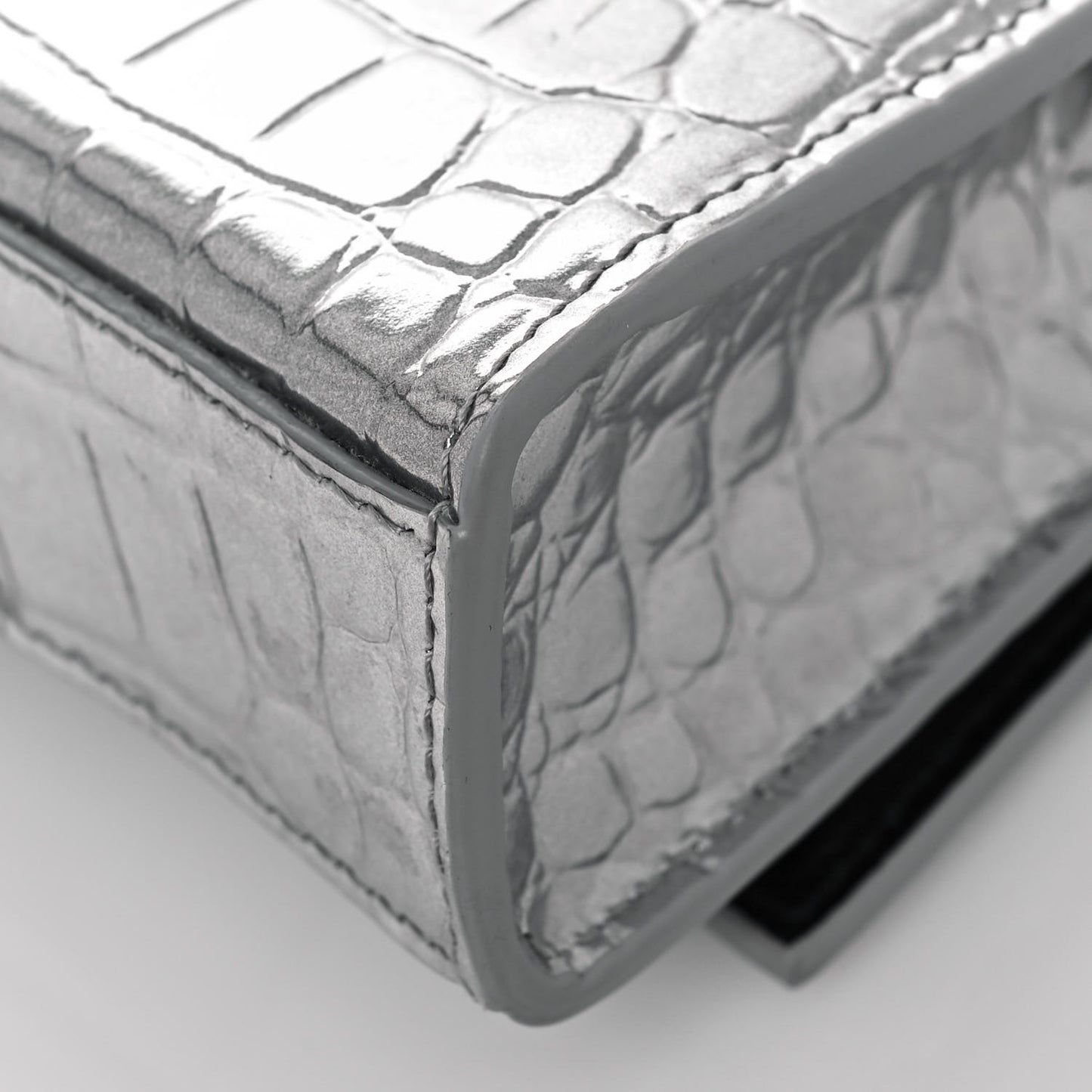 Metallic Calfskin Crocodile Embossed Hourglass Chain Bag Silver