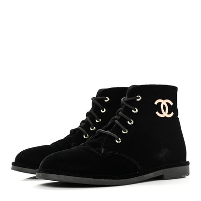 Chanel Velvet CC Lace Up Boots 39 Black 3 of 7