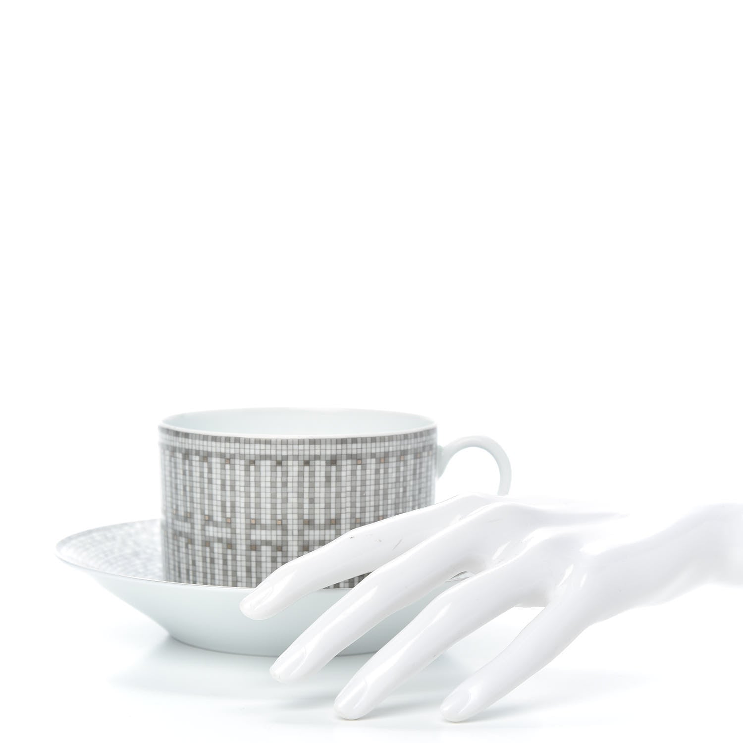 Hermes Porcelain Mosaique Au 24 Platine Tea Cup And Saucer Set Of 2 Platinum 2 of 5