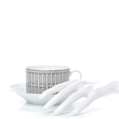 Hermes Porcelain Mosaique Au 24 Platine Tea Cup And Saucer Set Of 2 Platinum 2 of 5