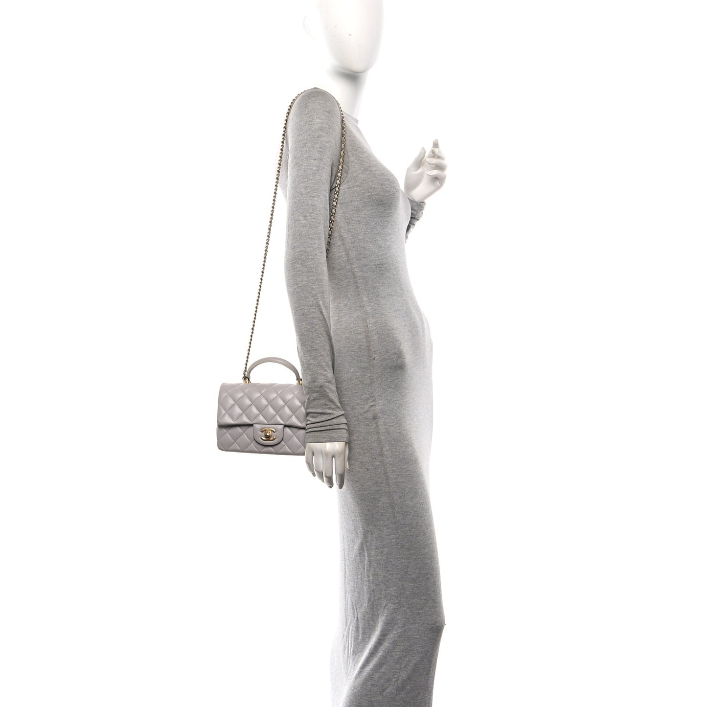 Lambskin Quilted Mini Top Handle Rectangular Flap Grey