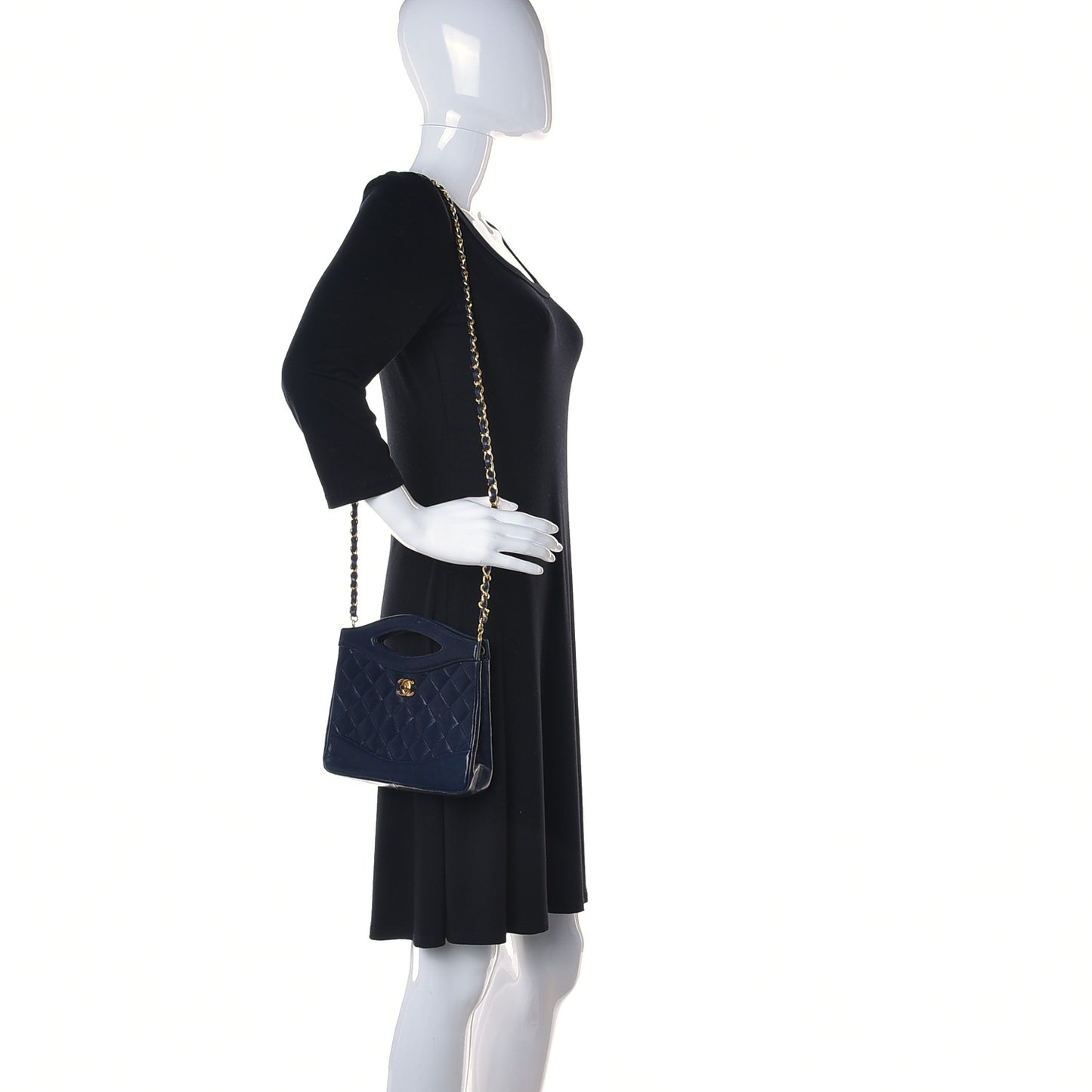 Aged Calfskin Quilted Small 31 Shopping Bag Navy