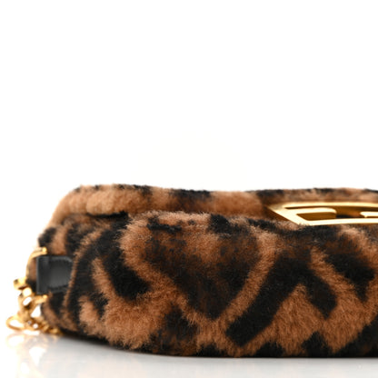 Fendi Shearling Vitello Dolce Macro FF 1974 Mini Baguette Tobacco Black 9 of 10