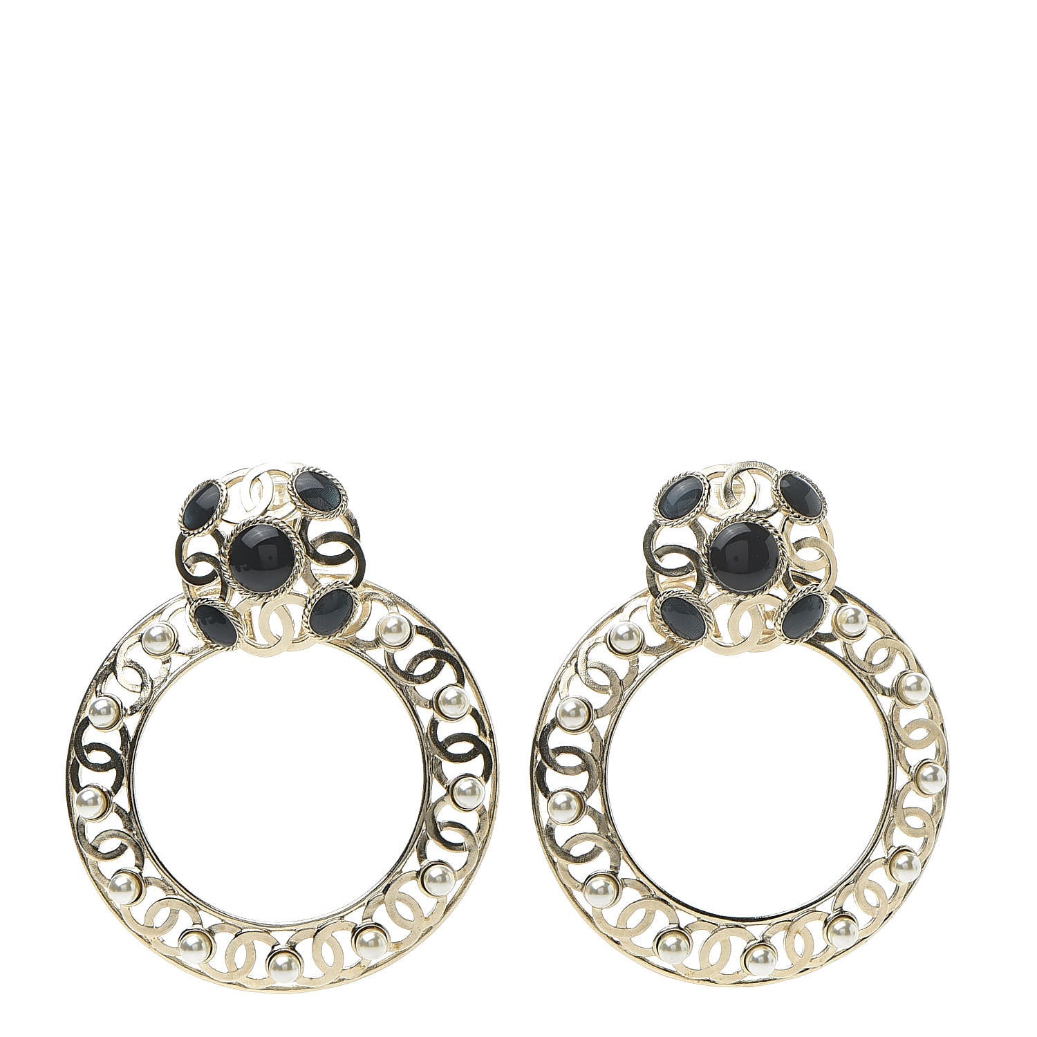 Chanel Pearl Enamel Hoop Clip On Earrings Gold Blue 1 of 5