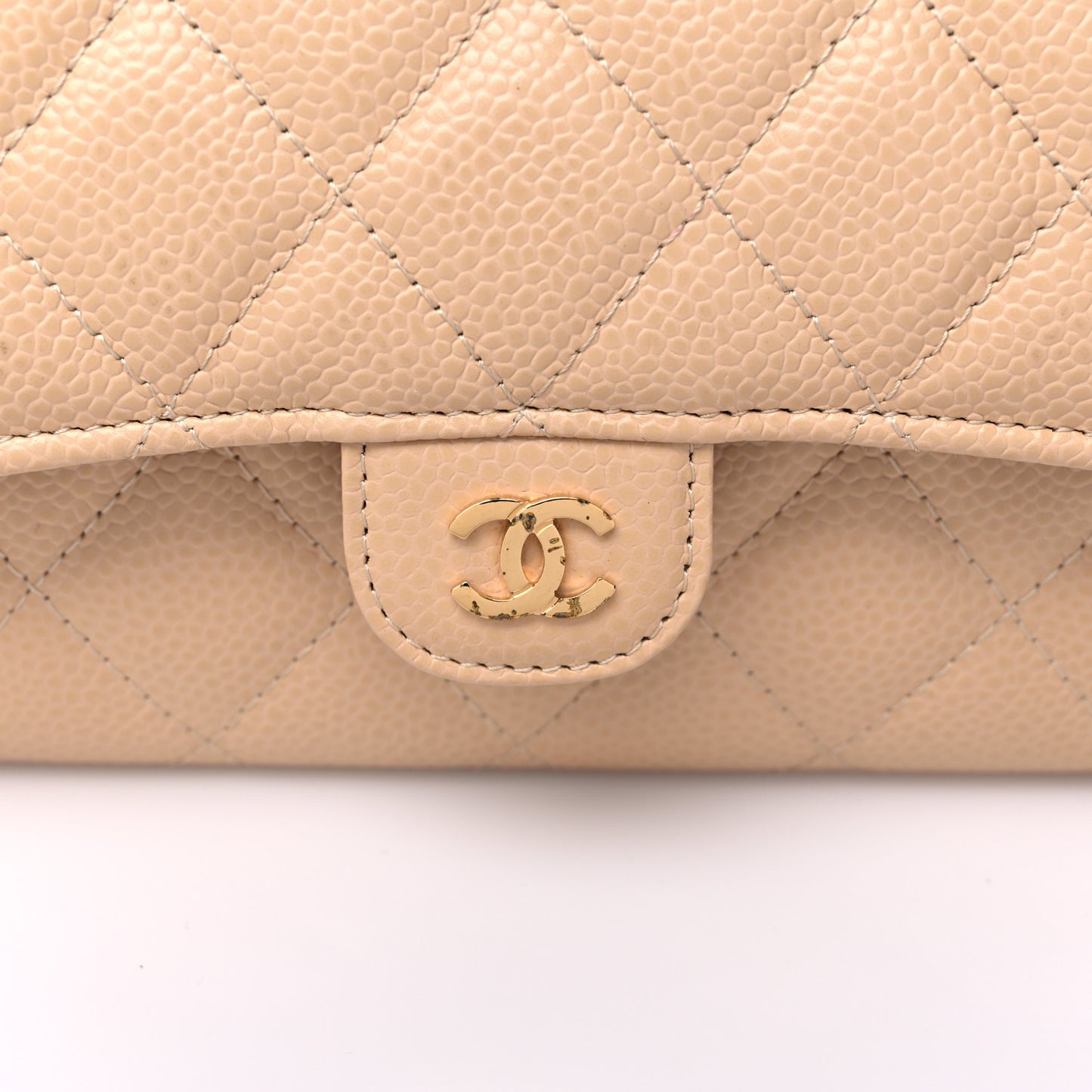 Caviar Quilted Large Gusset Flap Wallet Beige