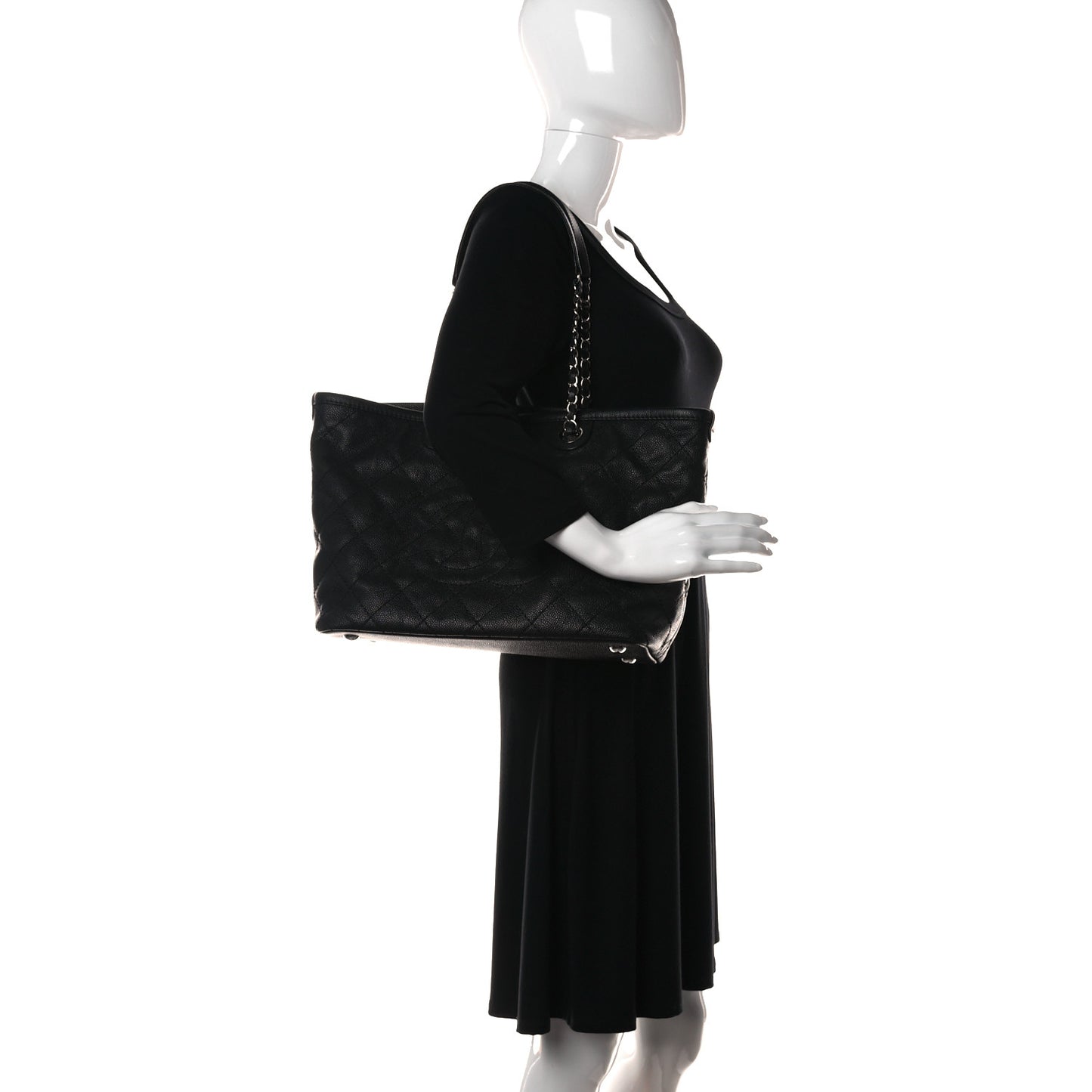 Grained Calfskin Quilted Small Daily Shopping Tote Black