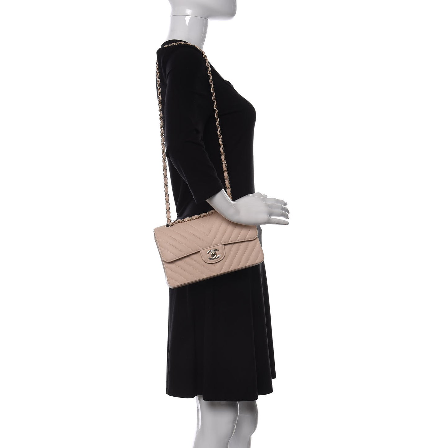 Caviar Chevron Quilted Small Double Flap Beige