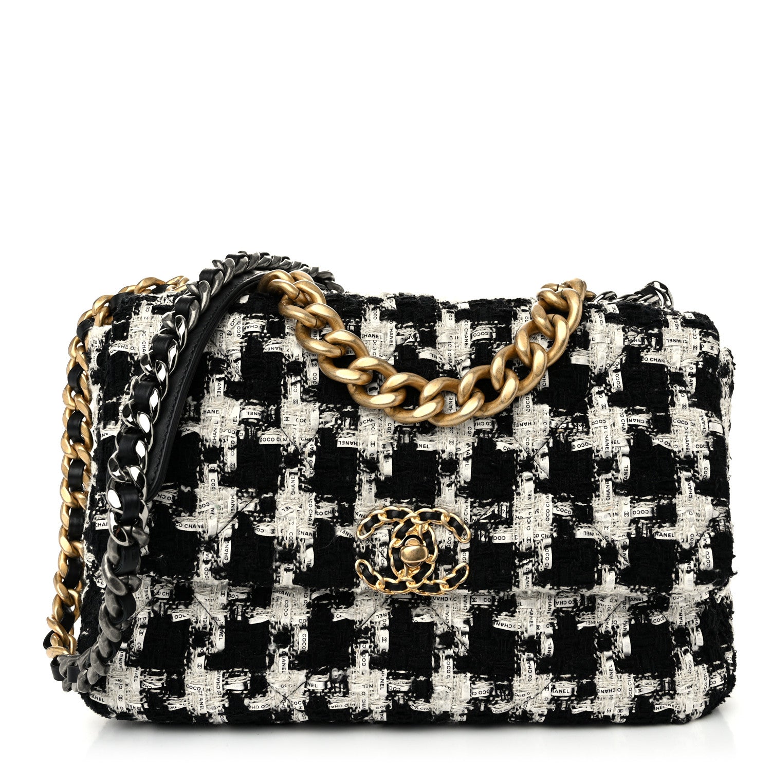 Chanel Tweed Quilted Large Chanel 19 Flap Black Ecru White 1 of 10