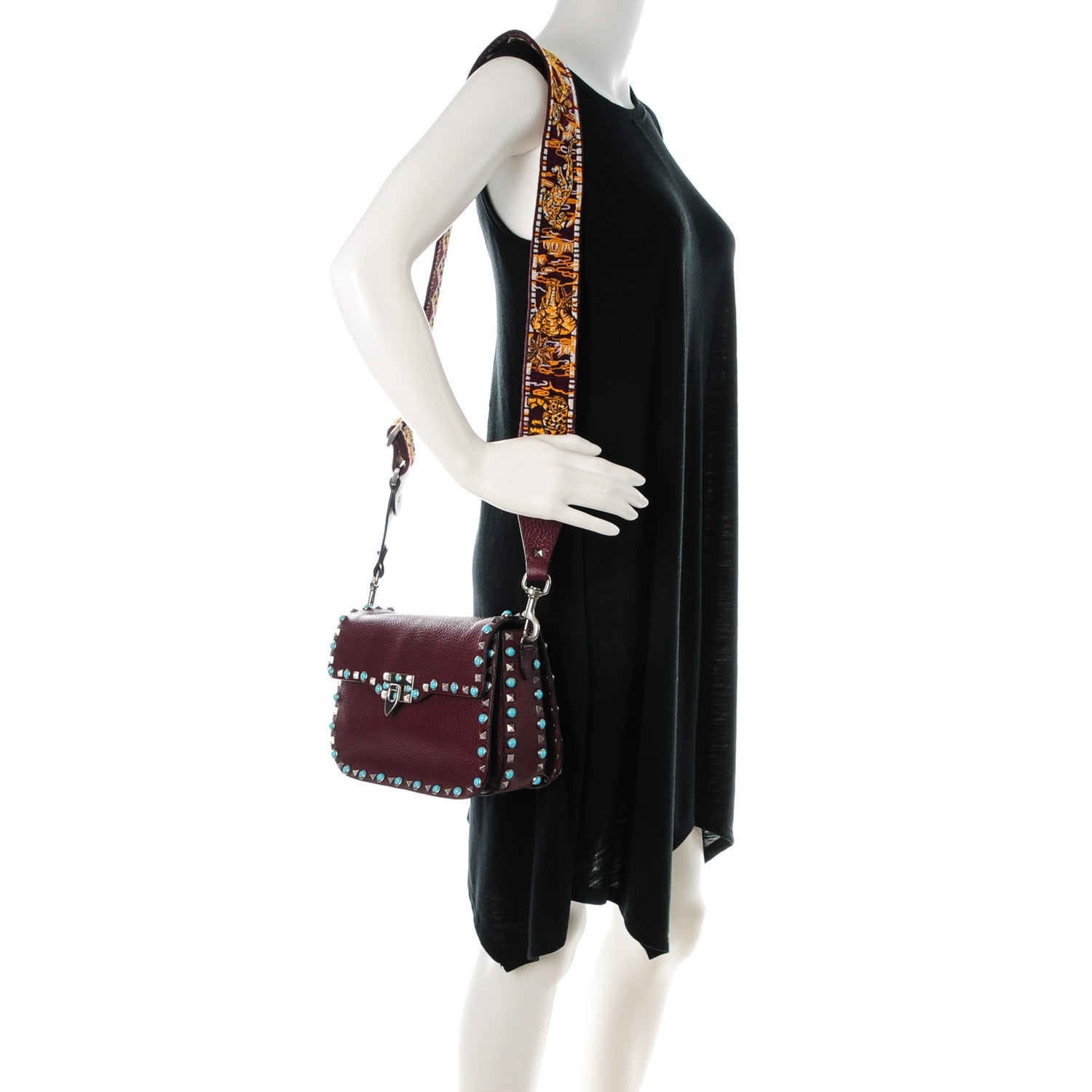 Valentino Garavani Calfskin Medium Guitar Strap Rockstud Rolling Flap Saddle Bag Wine 2 of 8