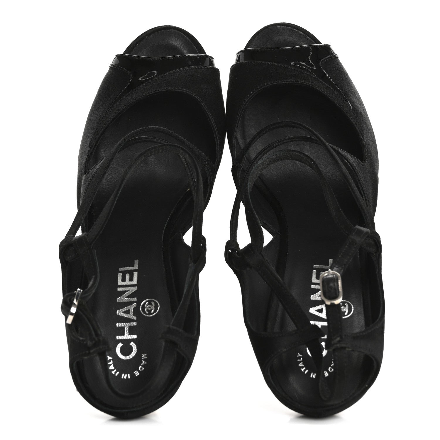 Chanel Satin Patent Open Toe Ankle Strap Sandals 37.5 Black 2 of 13