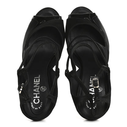 Chanel Satin Patent Open Toe Ankle Strap Sandals 37.5 Black 2 of 13