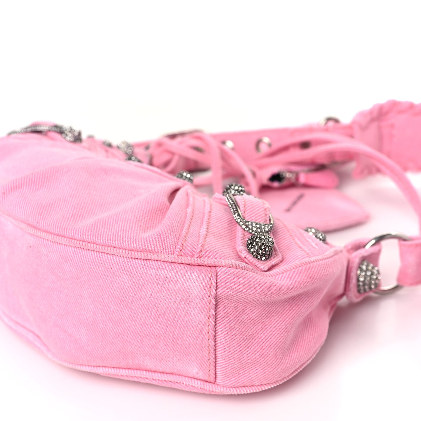Washed Frayed Denim Crystal Le Cagole Shoulder Bag XS Denim Pink