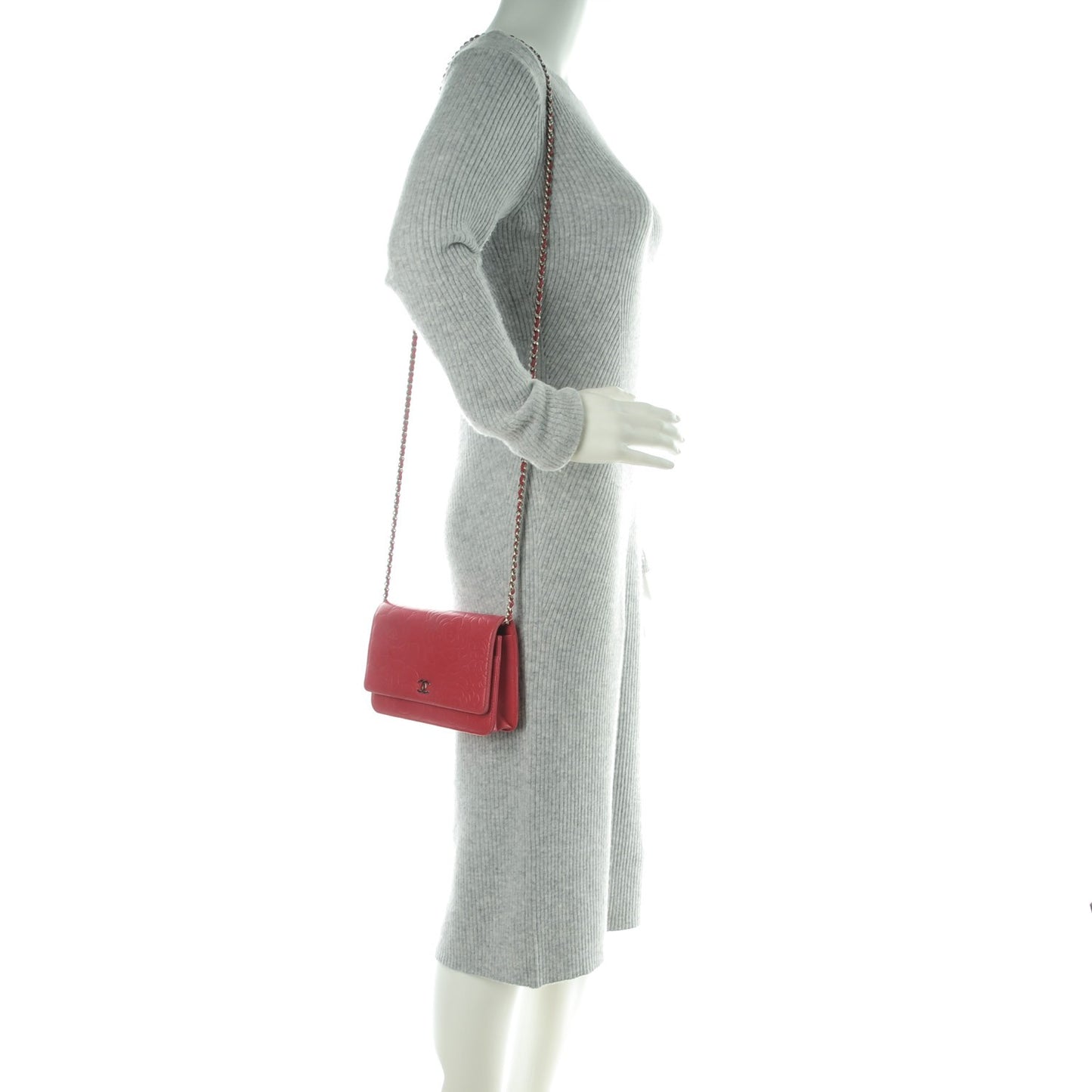 Lambskin Camellia Embossed Wallet on Chain WOC Pink