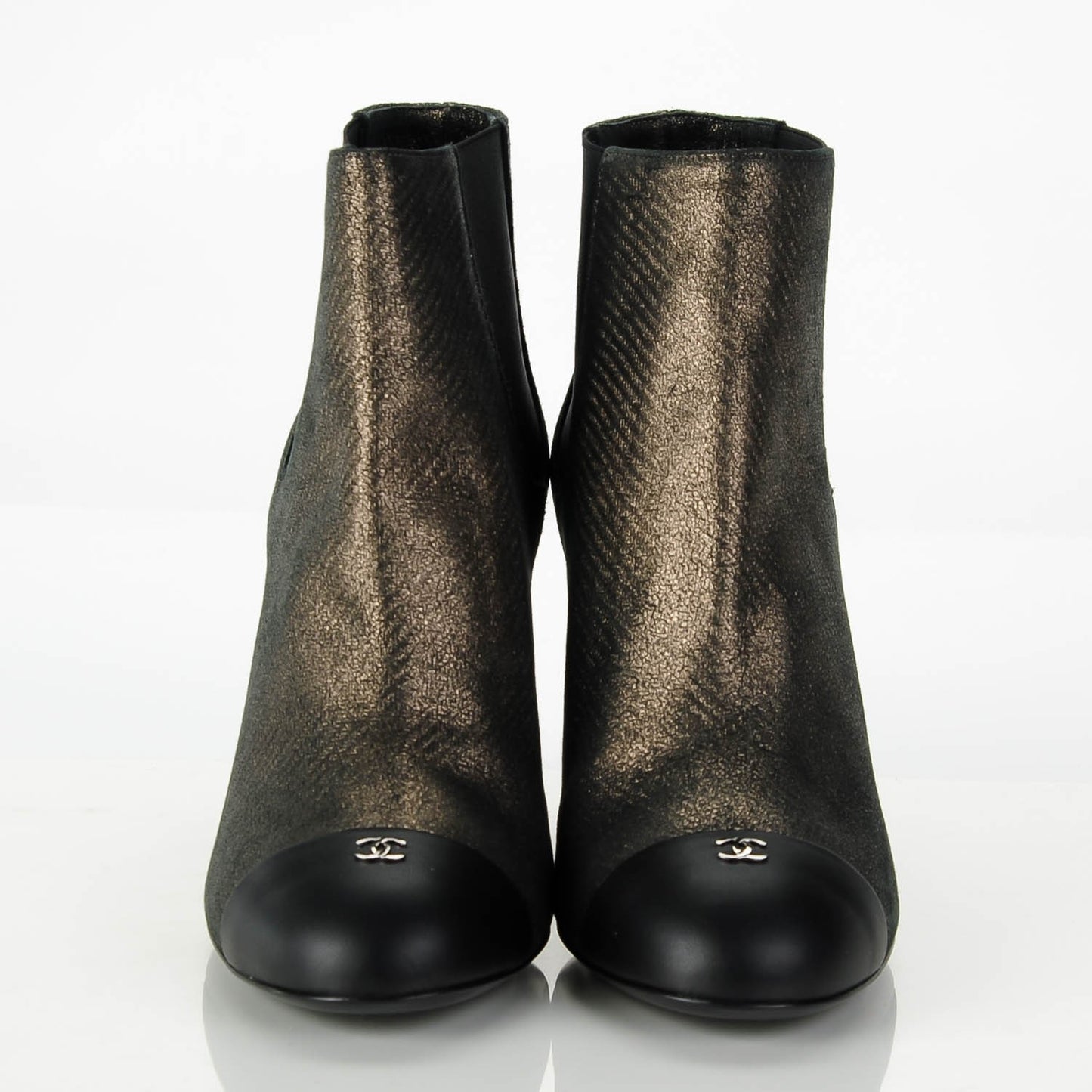 Metallic Lambskin CC Cap Toe Ankle Boots 38.5 Argent Fonce Black