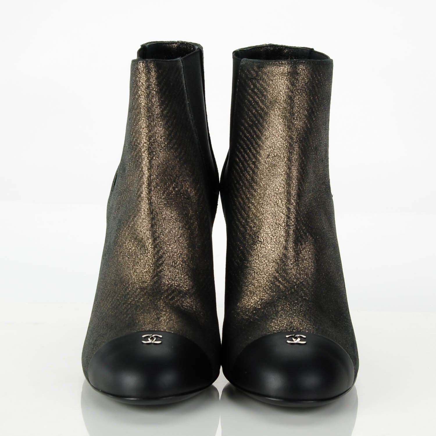 Chanel Metallic Lambskin CC Cap Toe Ankle Boots 38.5 Argent Fonce Black 4 of 15
