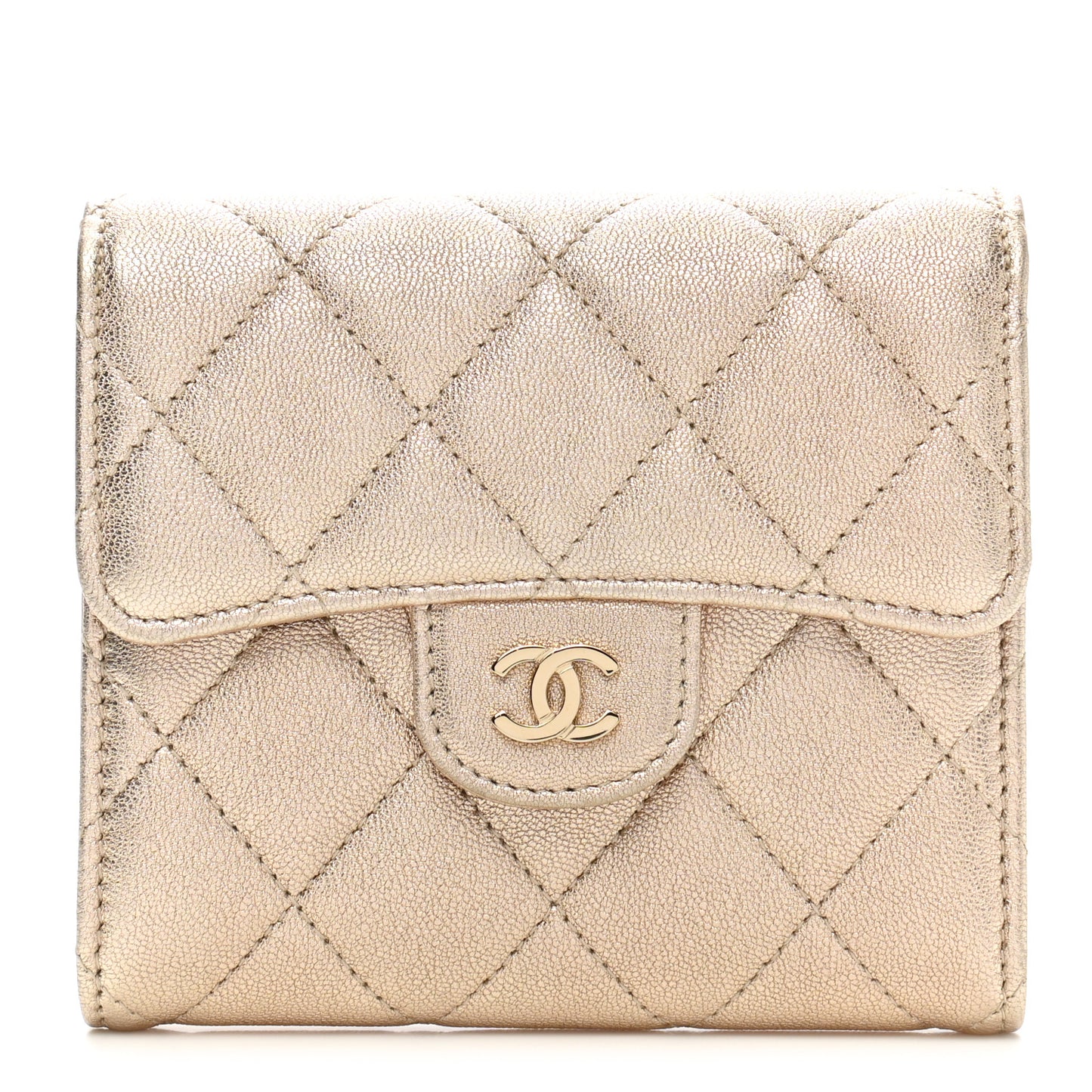Metallic Lambskin Quilted Compact Flap Wallet Gold