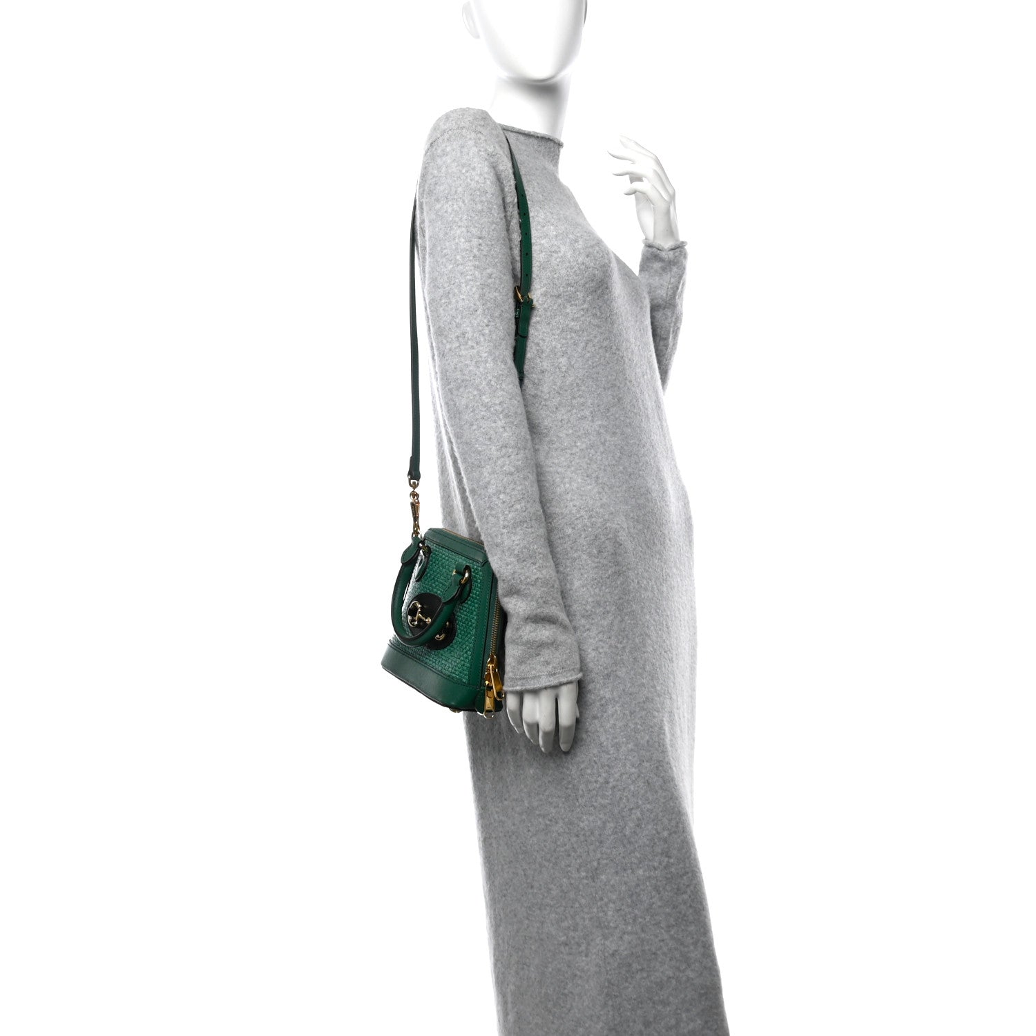 Gucci Straw Azalea Calfskin Woven Mini Horsebit 1955 Top Handle Bag  Emerald 2 of 13