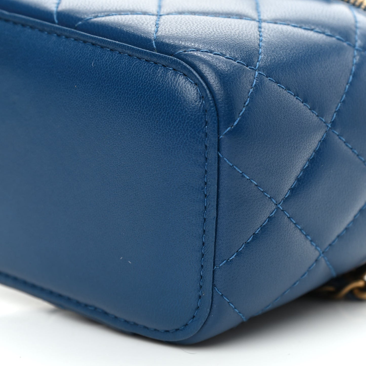 Lambskin Quilted Pearl Crush Mini Vanity Case With Chain Navy Blue