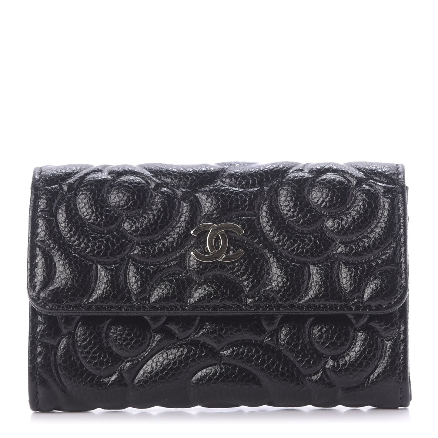 Caviar Camellia Embossed Card Holder Wallet Black