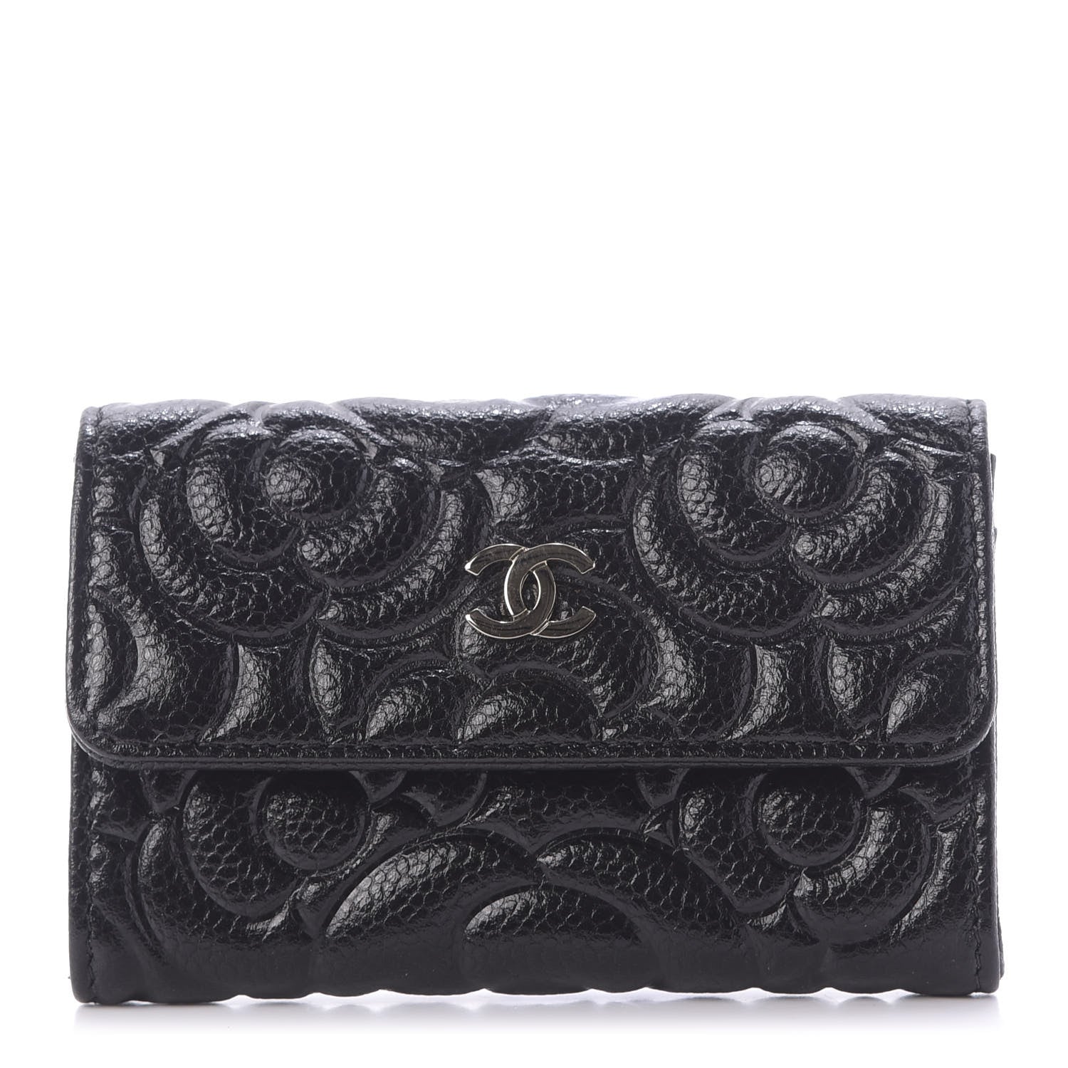 Chanel Caviar Camellia Embossed Card Holder Wallet Black 1 of 10