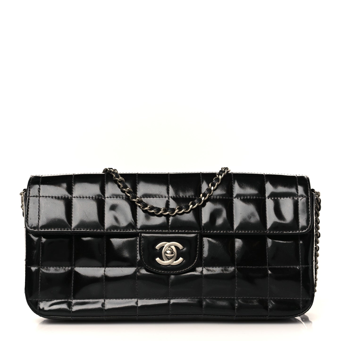 Patent Quilted East West Chocolate Bar Flap Black