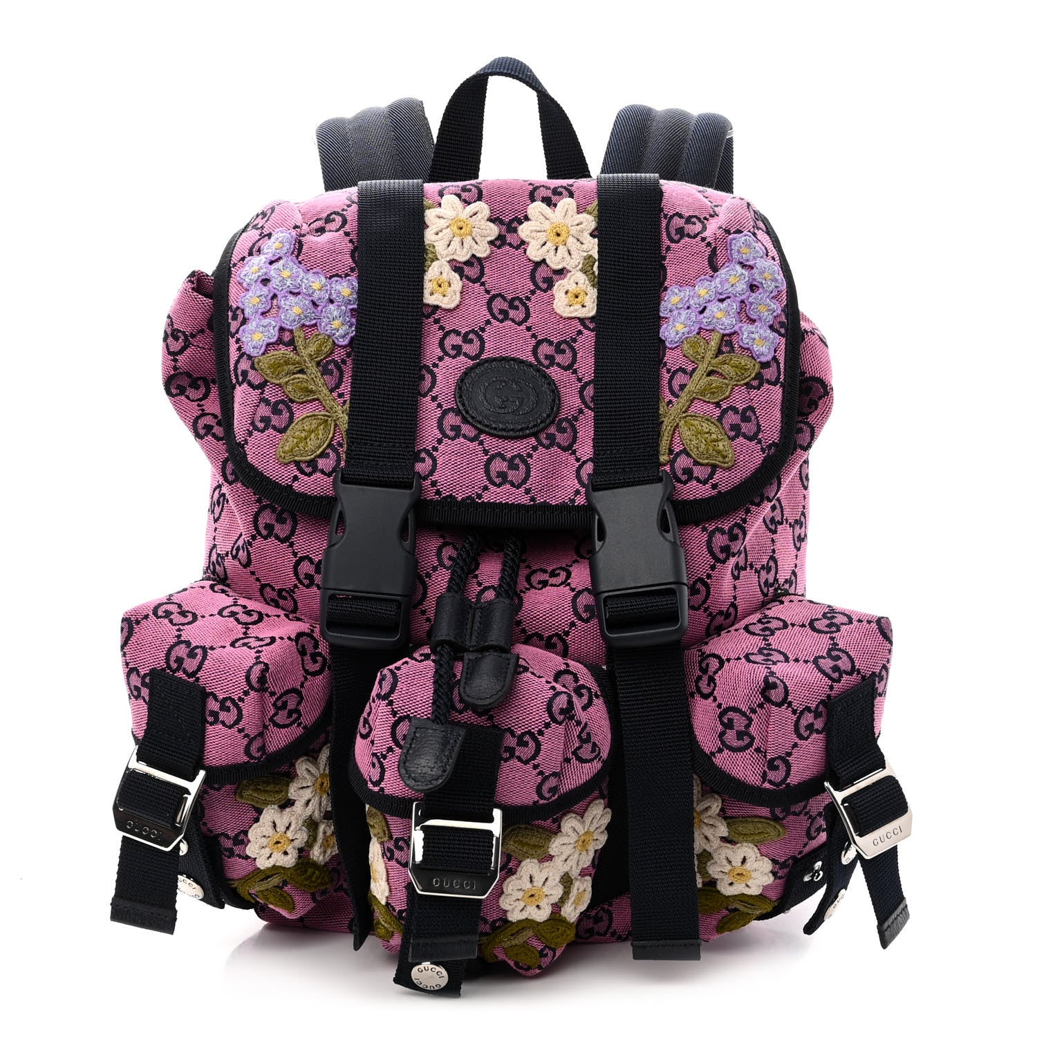 Gucci Monogram Multicolor Floral Embroidered Large Retro Interlocking G Three Pocket Backpack Pink Blue Multicolor 1 of 10