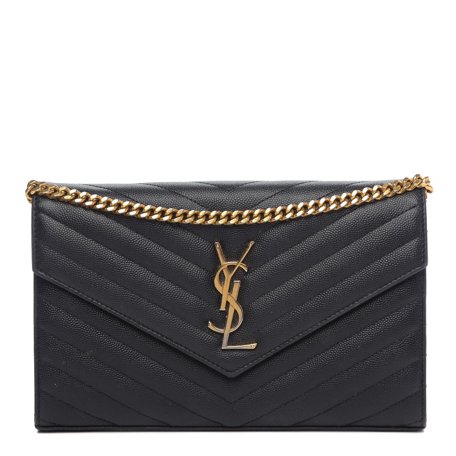 Saint Laurent Grain De Poudre Matelasse Chevron Monogram Chain Wallet Black 1 of 15