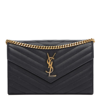 Saint Laurent Grain De Poudre Matelasse Chevron Monogram Chain Wallet Black 1 of 15