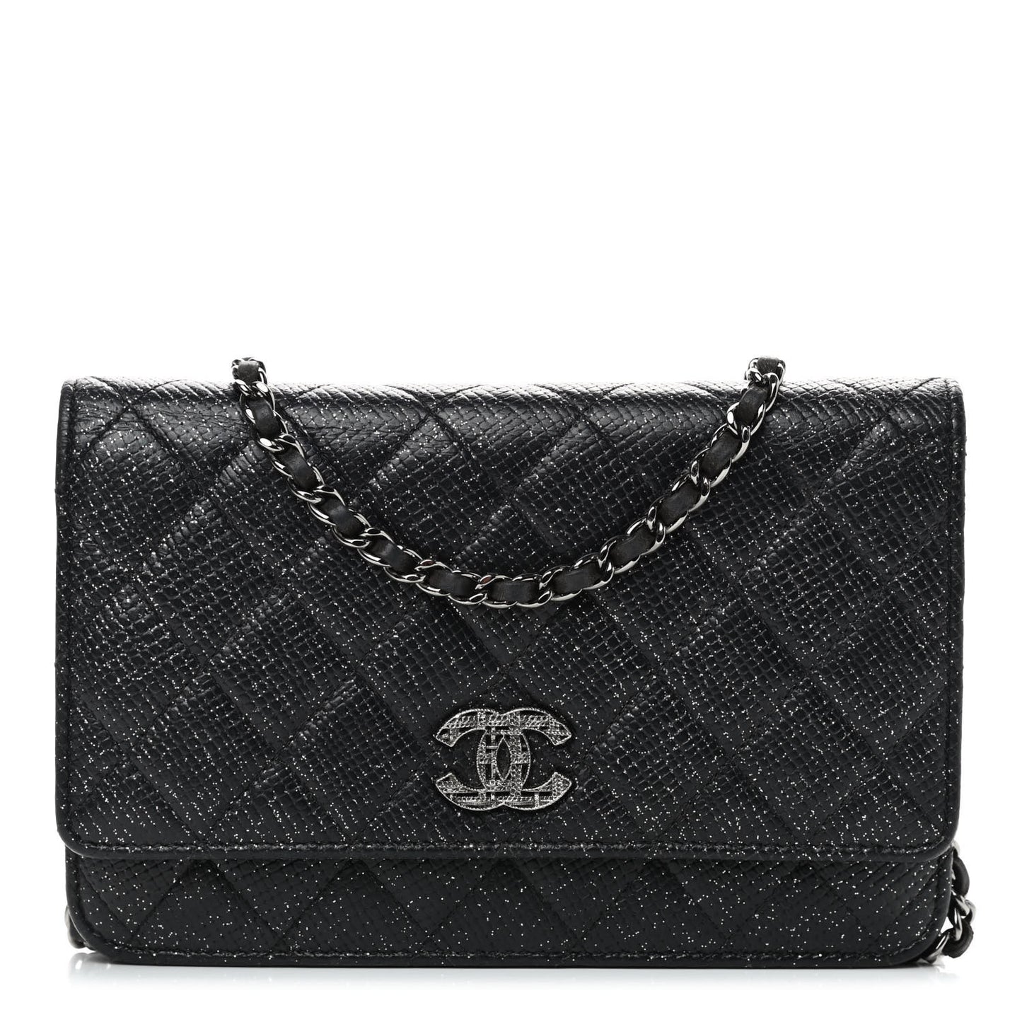 Glitter Calfskin Quilted Wallet on Chain WOC Black Silver
