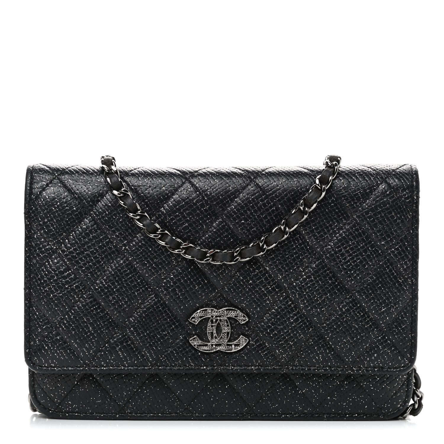 Chanel Glitter Calfskin Quilted Wallet on Chain WOC Black Silver 1 of 10