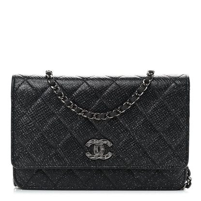 Chanel Glitter Calfskin Quilted Wallet on Chain WOC Black Silver 1 of 10