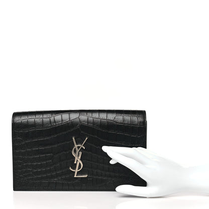 Saint Laurent Calfskin Crocodile Embossed Classic Kate Monogram Clutch Black 2 of 9