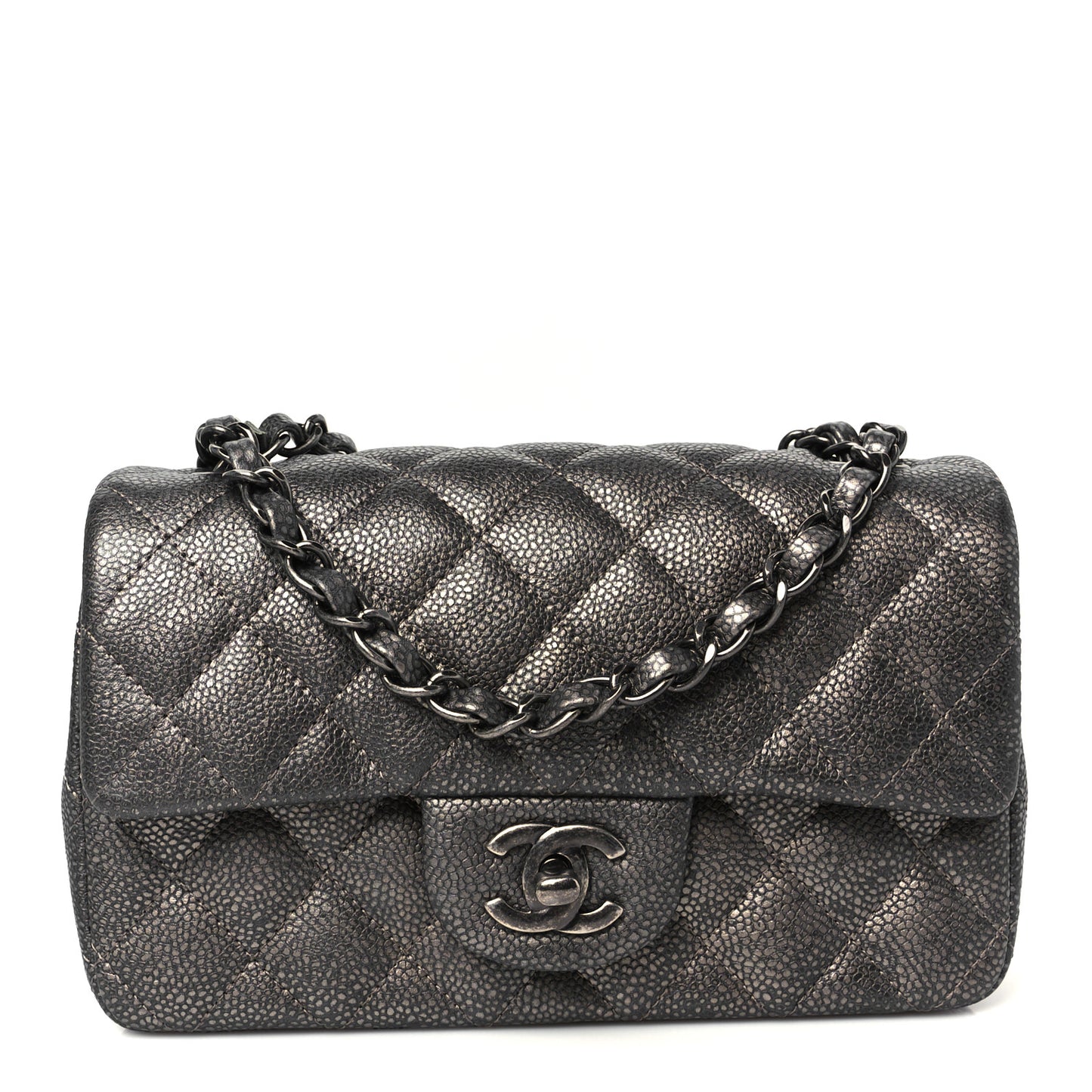 Metallic Caviar Quilted Mini Rectangular Flap Dark Silver