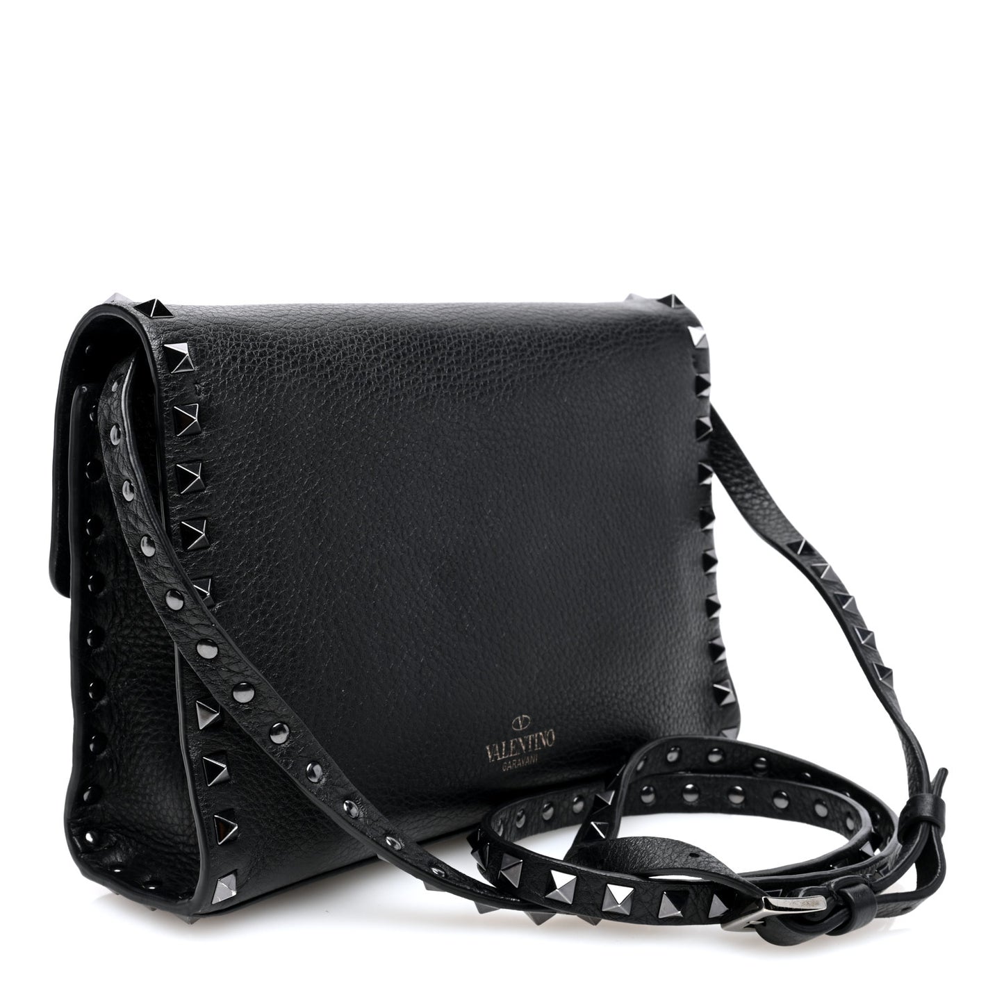 Pebbled Calfskin Monochrome Medium Rockstud Flip Lock Crossbody Bag Black