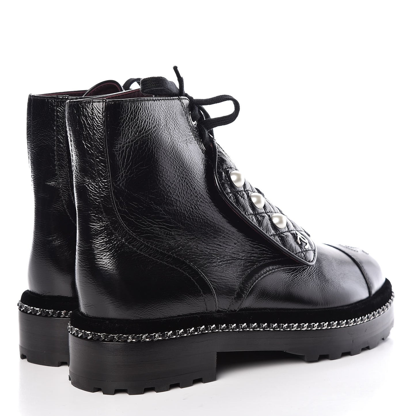 Crackled Calfskin Velvet Pearl Combat Short Boots 37.5 Black
