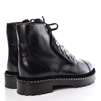 Chanel Crackled Calfskin Velvet Pearl Combat Short Boots 37.5 Black 4 of 9