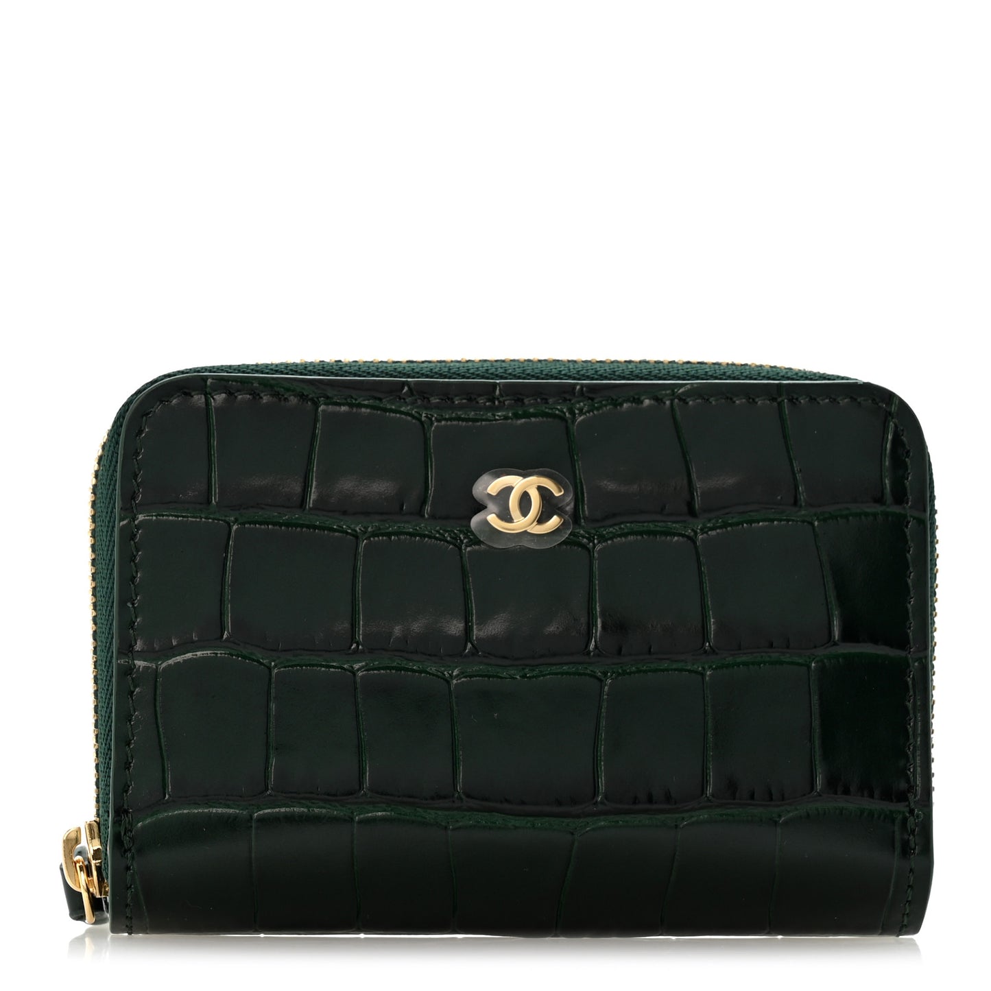 Calfskin Crocodile Embossed Crococo Zip Coin Purse Emerald