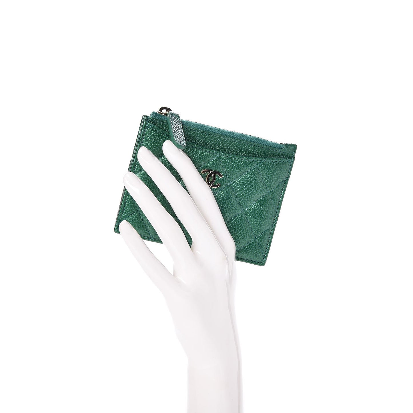 Metallic Caviar Quilted CC Zip Card Holder Green
