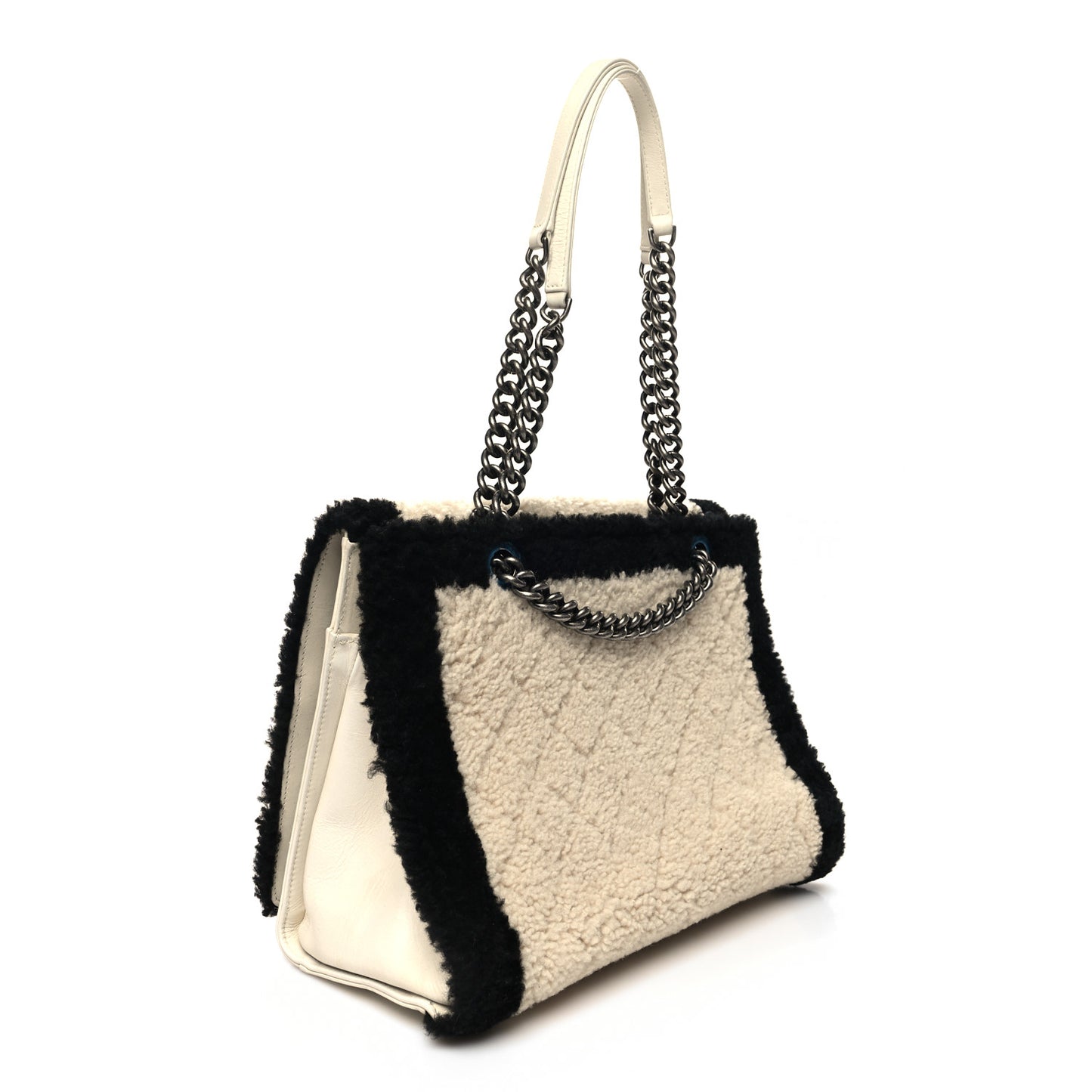 Shearling Calfskin Large Boy Shopping Tote White Black