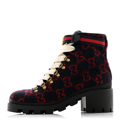 Gucci Covered Wool Big GG Monogram Womens Lace Up Combat Ankle Boots 39.5 Blue Red 1 of 11
