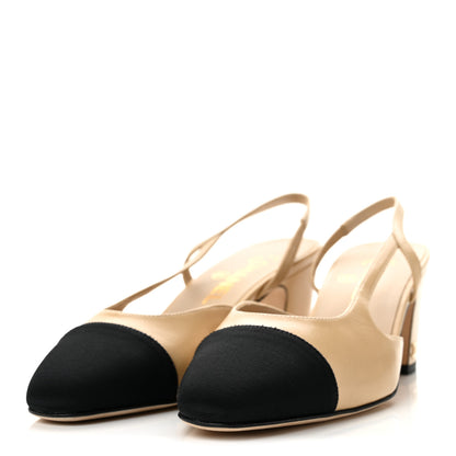 Chanel Goatskin Grosgrain Cap Toe CC Slingback Pumps 38 Beige Black 4 of 10