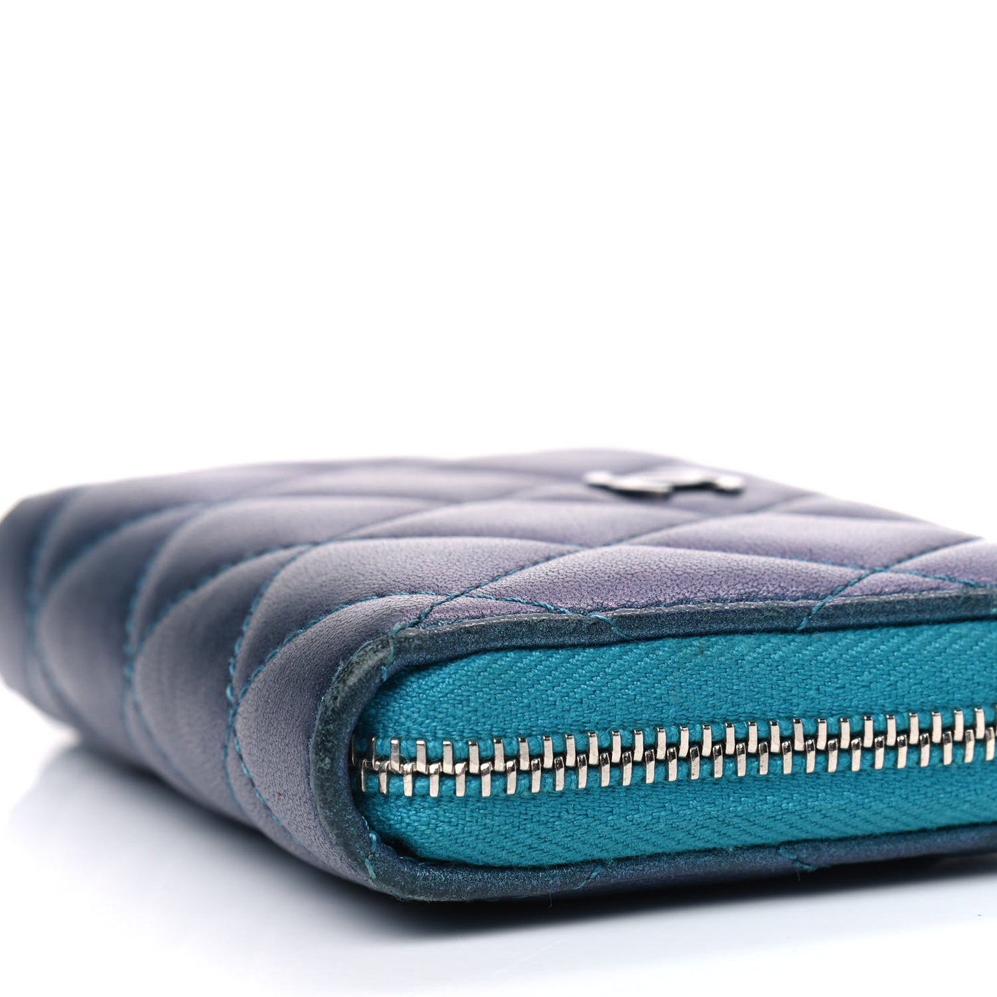 Metallic Lambskin Quilted Zip Around Coin Purse Wallet Turquoise
