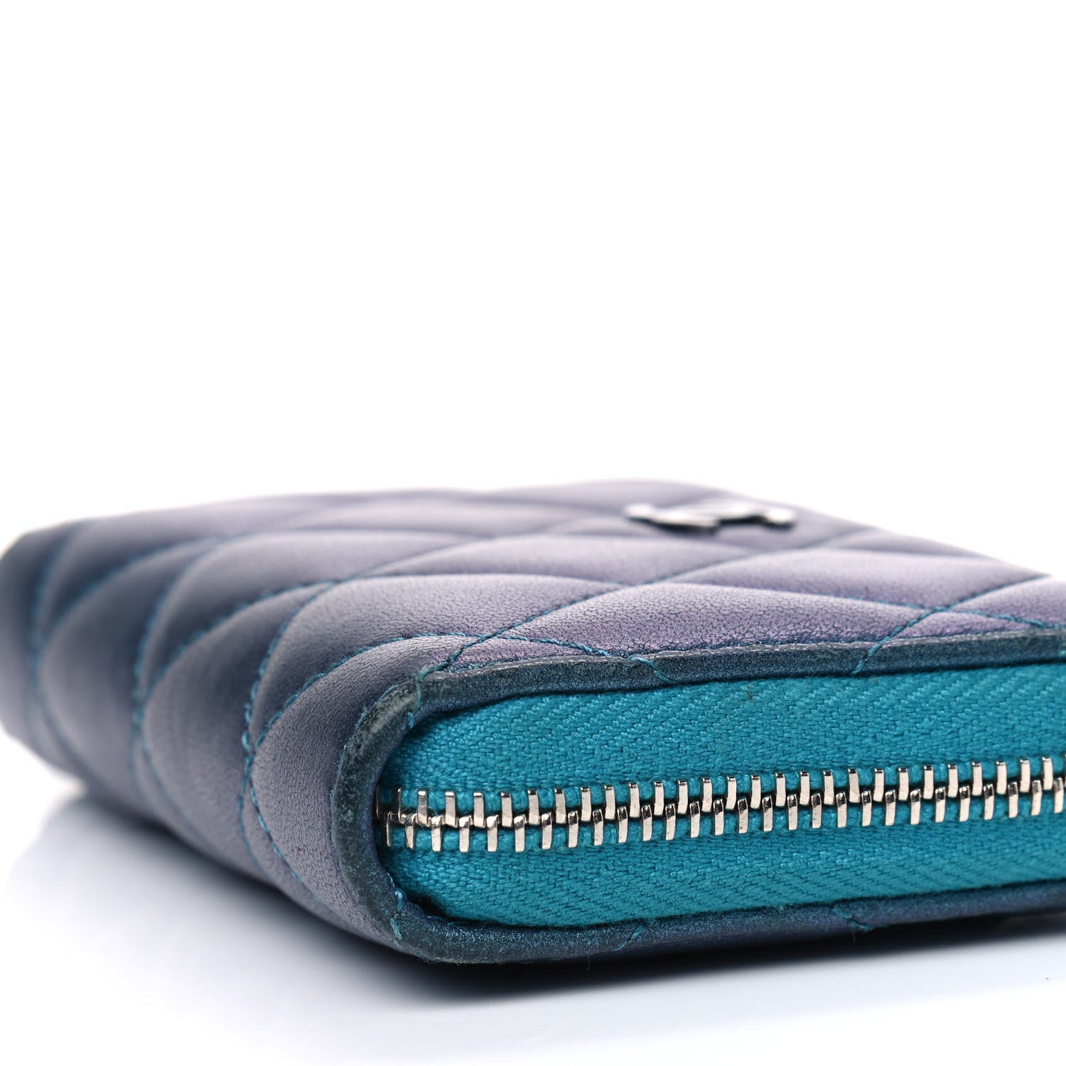 Chanel Metallic Lambskin Quilted Zip Around Coin Purse Wallet Turquoise 6 of 9